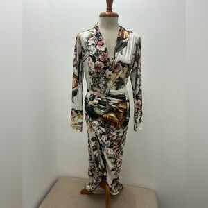 Floral Long-Sleeve Wrap Midi Dress in Ivory and Pink Renaissance Print